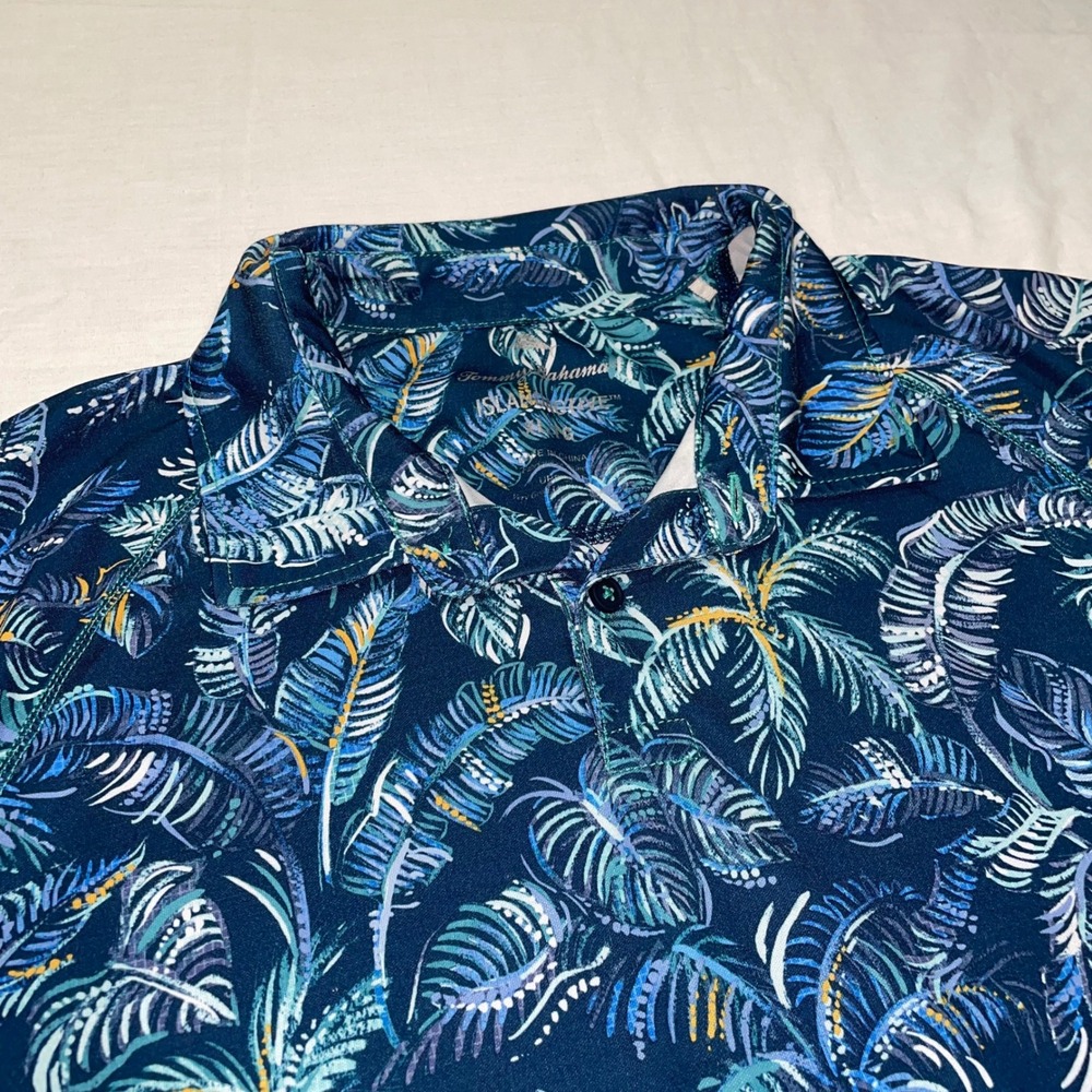 Tommy Bahama IslandActive Mens XL Blue Tropical Palm Leaf Print Polo Shirt